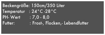 Beckengröße: 150cm/350 Liter 
Temperatur   : 24°C -28°C
PH- Wert       : 7,0 - 8,0
Futter:           : Frost-, Flocken,- Lebendfutter 

